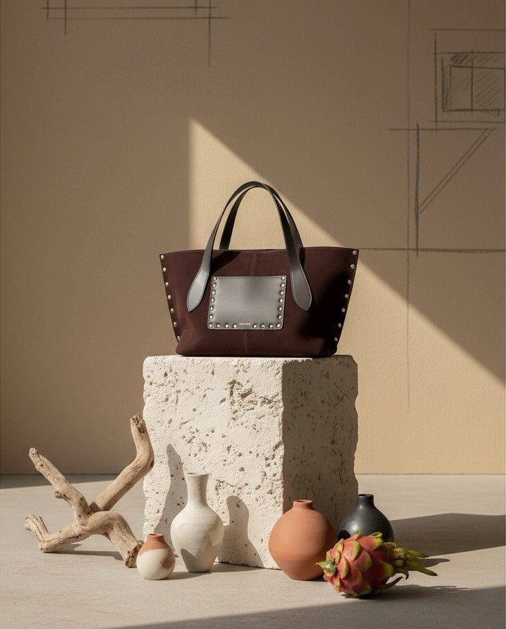 Elegant suede leather tote with 11.5-inch base and 7.5-inch handle drop – handcrafted in India