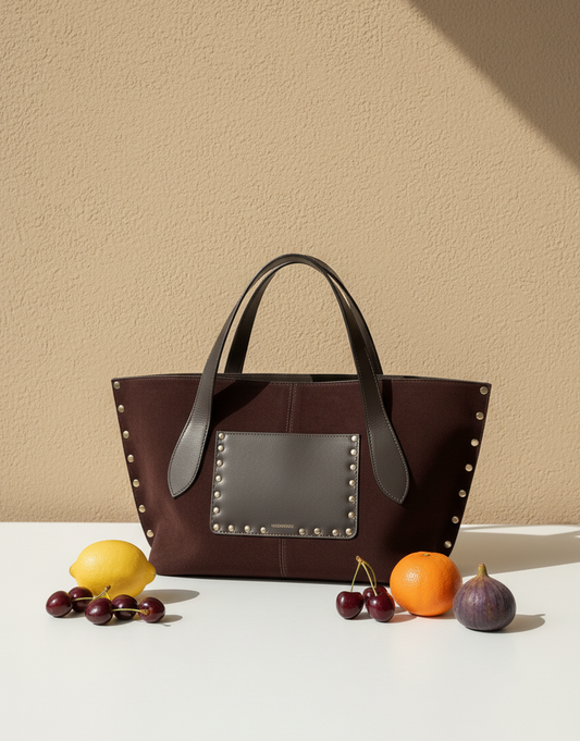 Handcrafted medium suede leather tote bag with leather handles and exterior pocket – Wishworth Studio